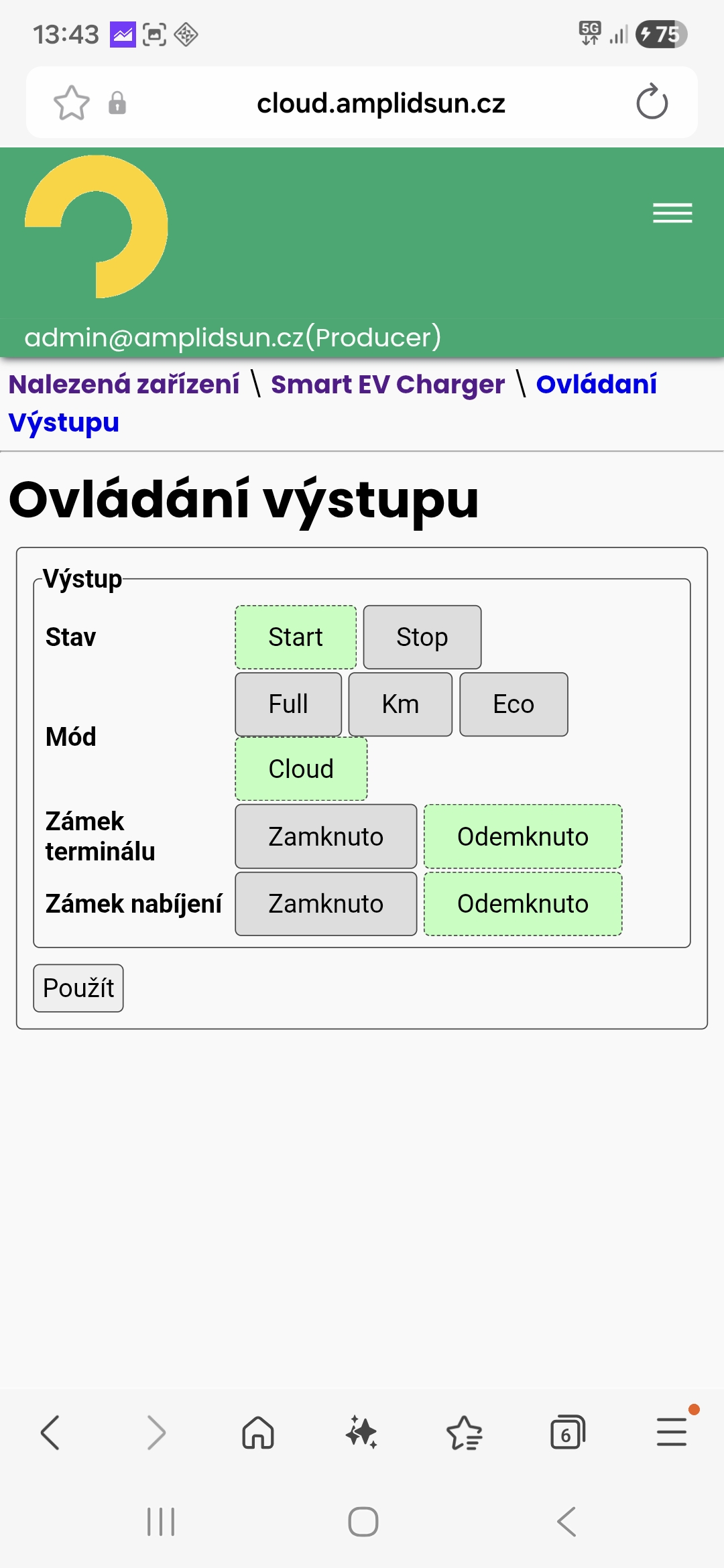 Nastavení módu nabíjení Nastavení módu nabíjení